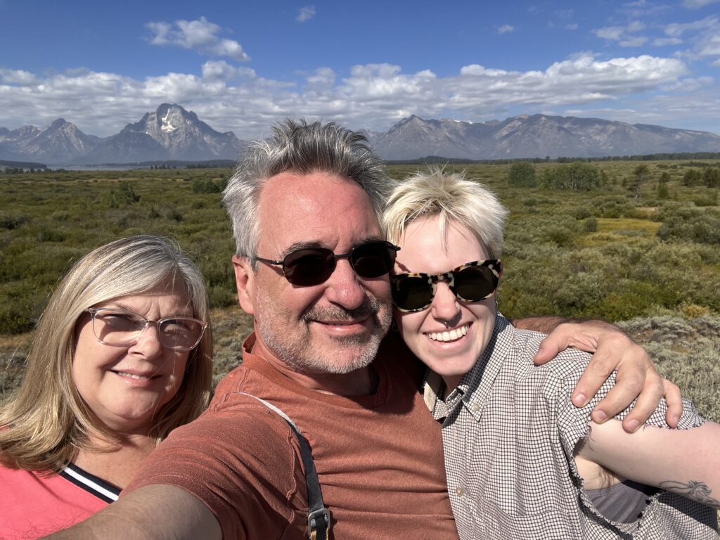 The three of us, Denise, me, and Becca, selfie with the full Teton range behind us